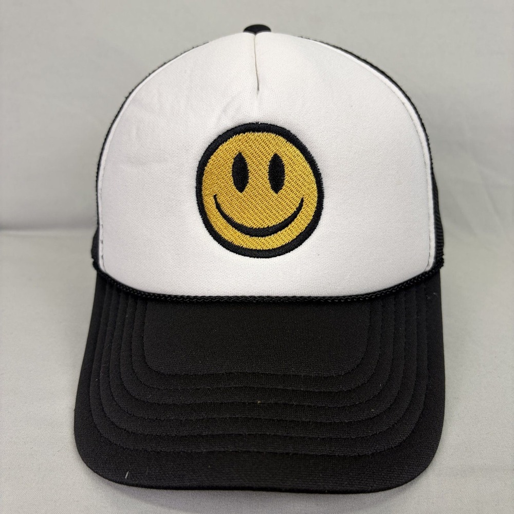 Otto Trucker Hat Smiley Face Patch Snapback OSFM Black White Mesh Cap